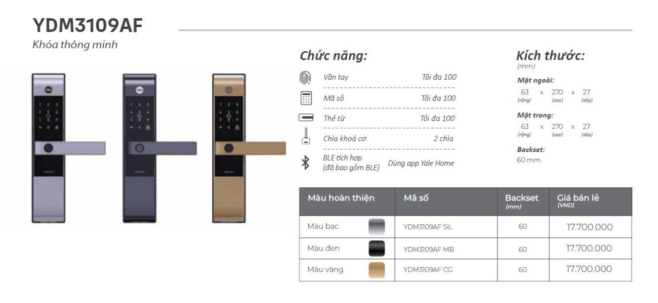 Khoá Điện Tử YALE YDM 3109AF KHOA DIEN TU YALE YDM3109AF