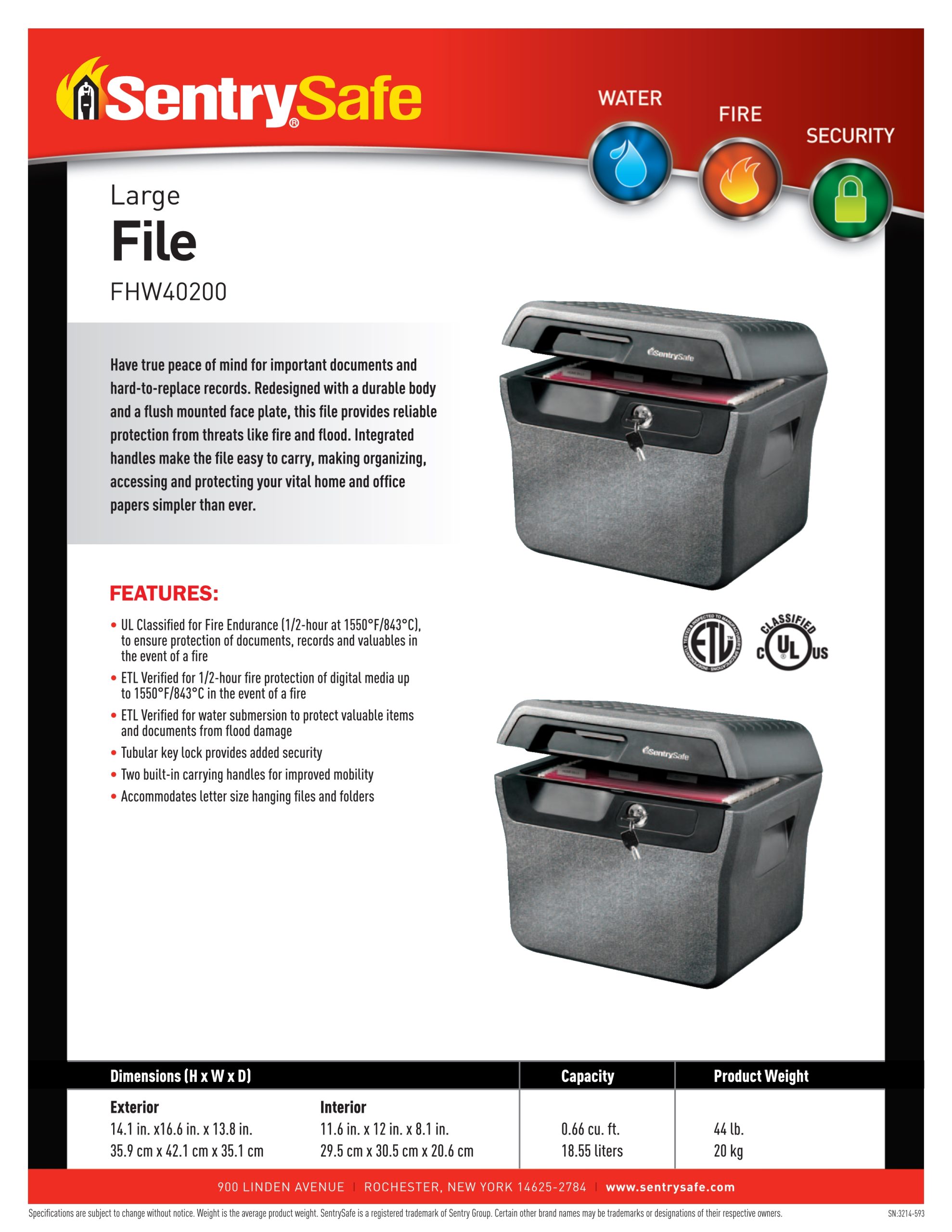 Hộp Đựng Chống Cháy Chống Nước SentrySafe FHW40200 FHW40200 HRO spec sheet 1 scaled 1
