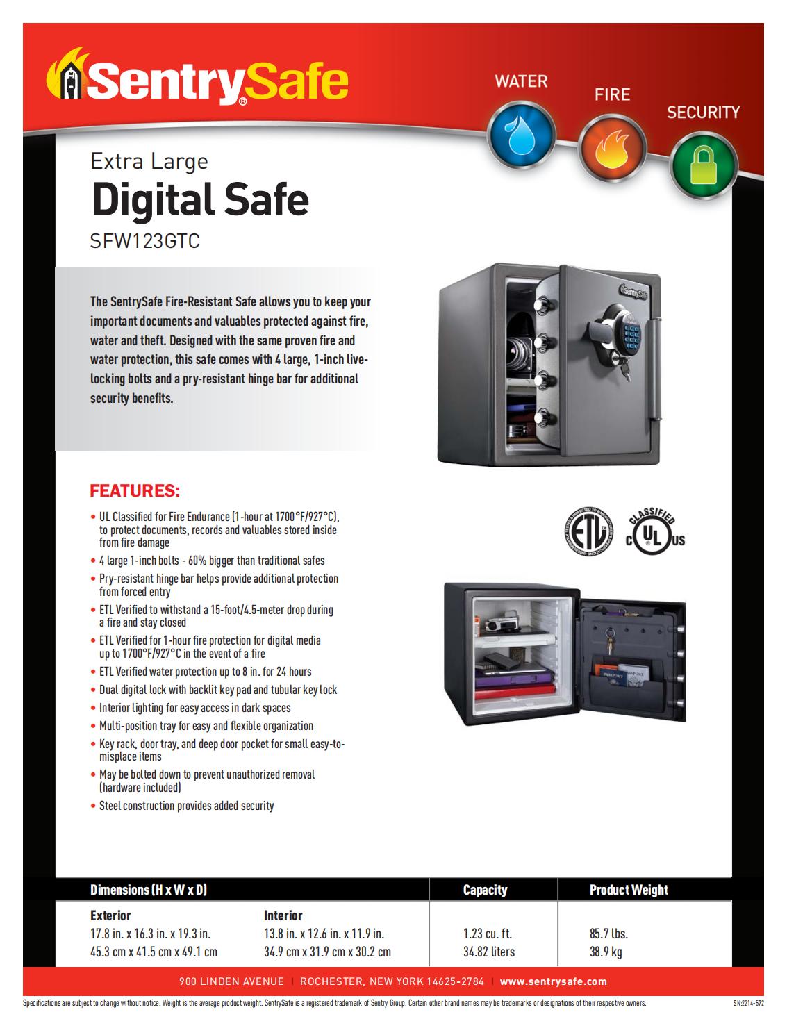 Két Sắt Chống Cháy SentrySafe SFW123GTC SFW123GTC HRO spec sheet 00