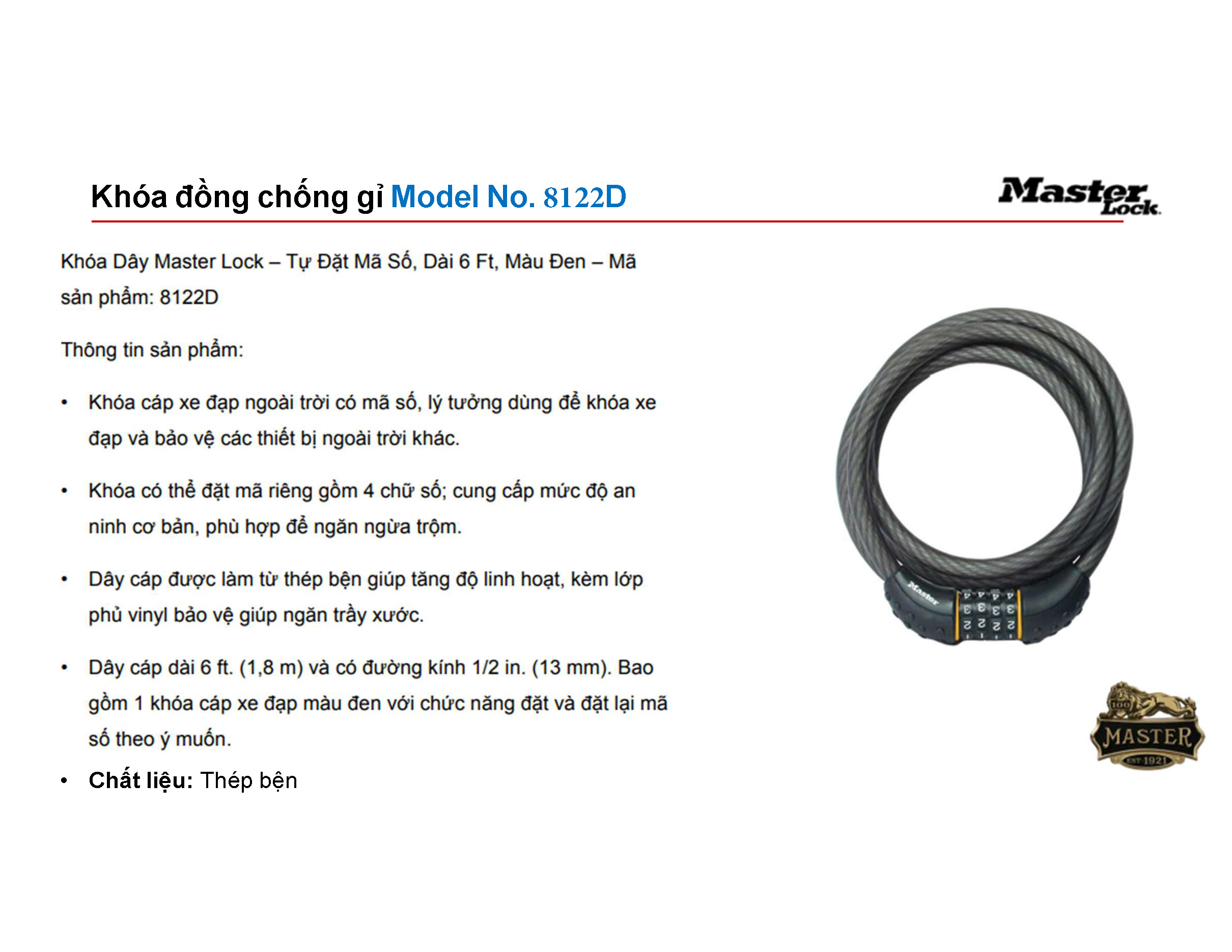 Khóa dây cáp mở số Masterlock 8122D Masterlock 8122D